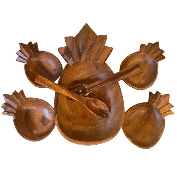 Handmade Other - Vintage Handcrafted Monkey‎ Pod Wood Pineapple Salad Set 7pc Philippines Tiki